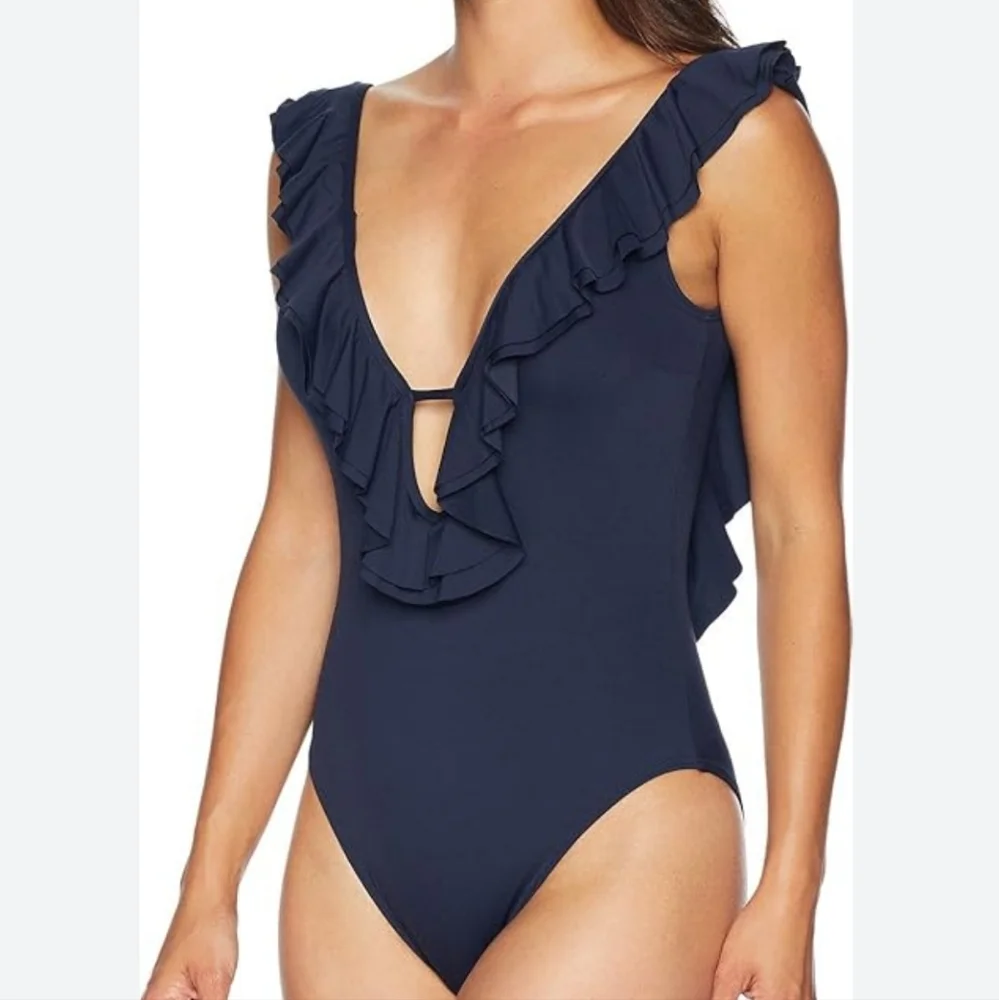 MICHAEL KORS Black Ruffle Low Back One Piece Swimsuit Size 10 Resortwear